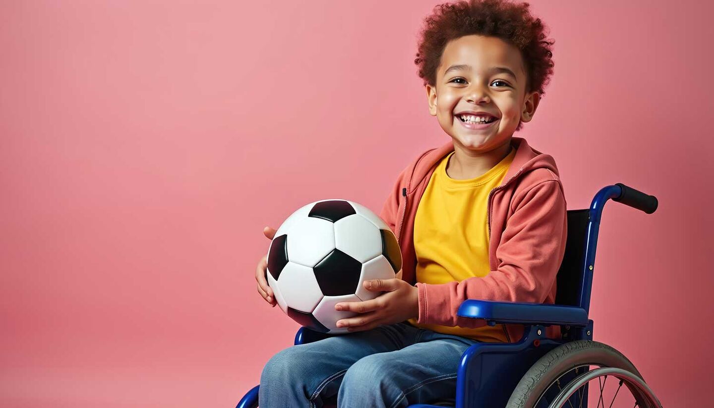 Ein im Rollstuhl sitzendes Kinde mit einem Fußball in der Hand